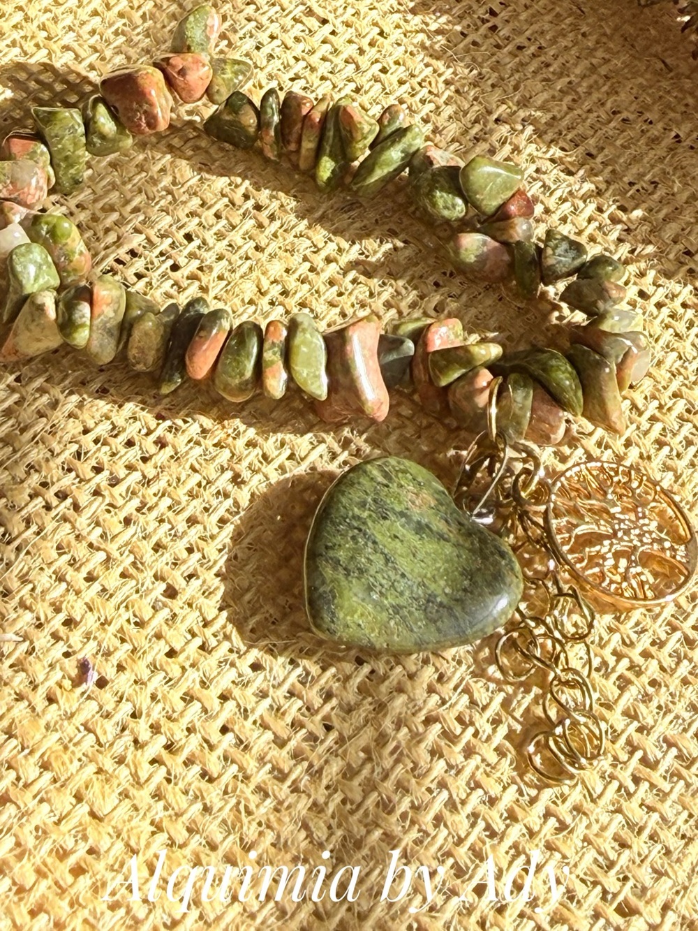 Unakite Green and Pink Mixed Stone Heart Bracelet with Gold Accents